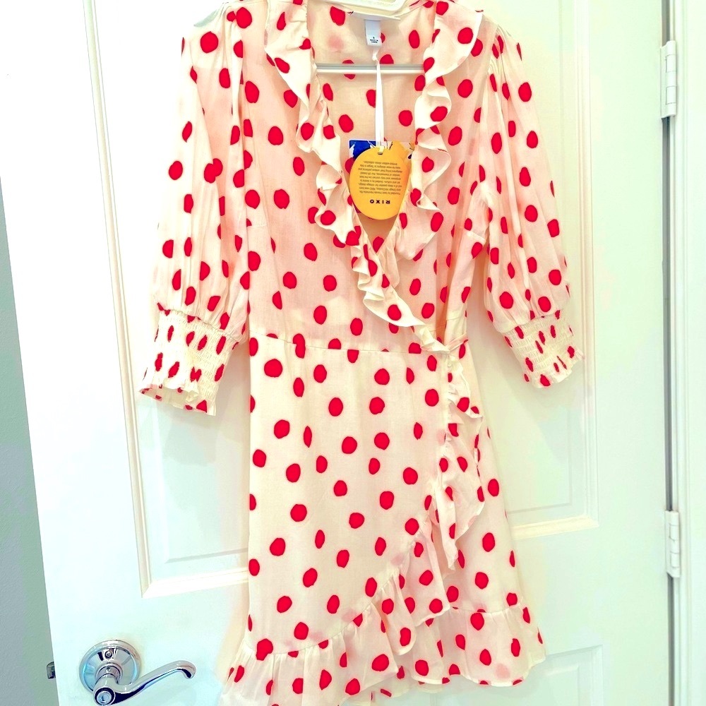 NWT, RIXO polka dot puff sleeve ruffle wrap dress
